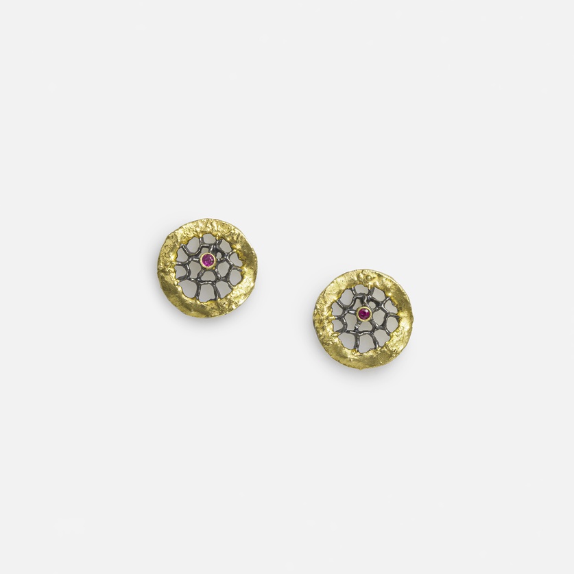 Earrings "Web" in silver, gold inlay and rubies