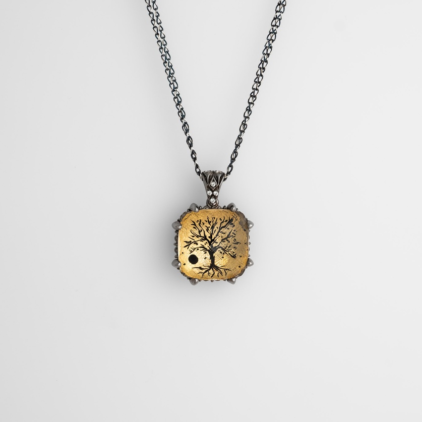 Silver necklace “Tree” with engraved quartz and white topaz