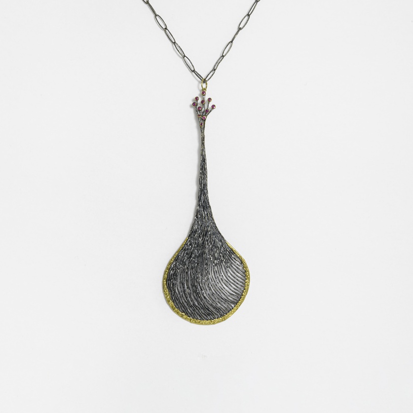"Peacock" pendant in oxidized silver and gold inlay with rubies