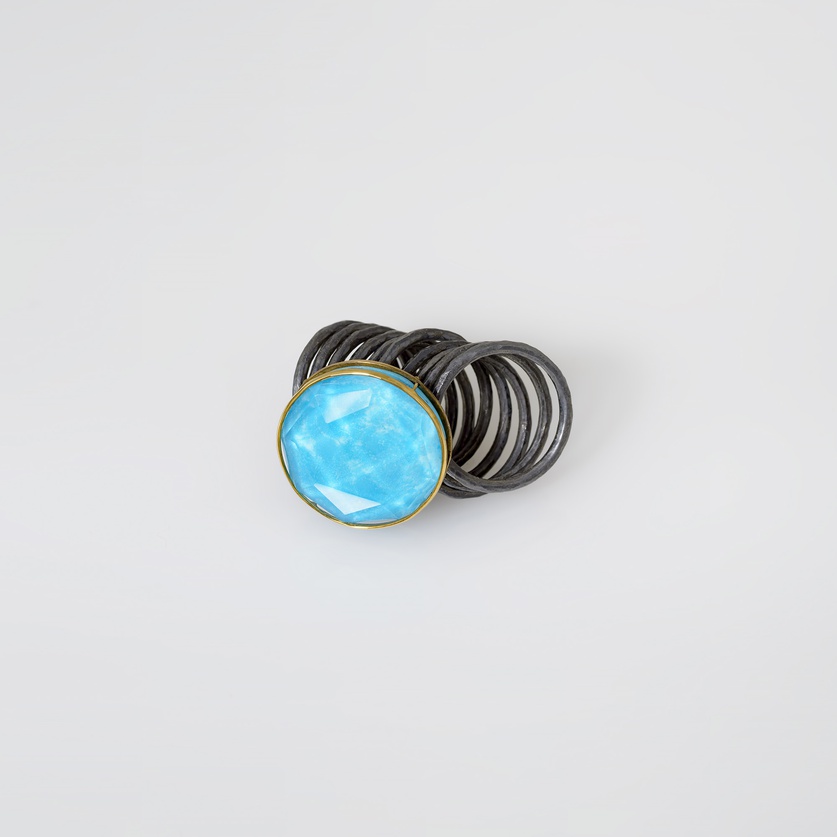 Imposing silver & gold ring with faceted quartz-turquoise doublet stone