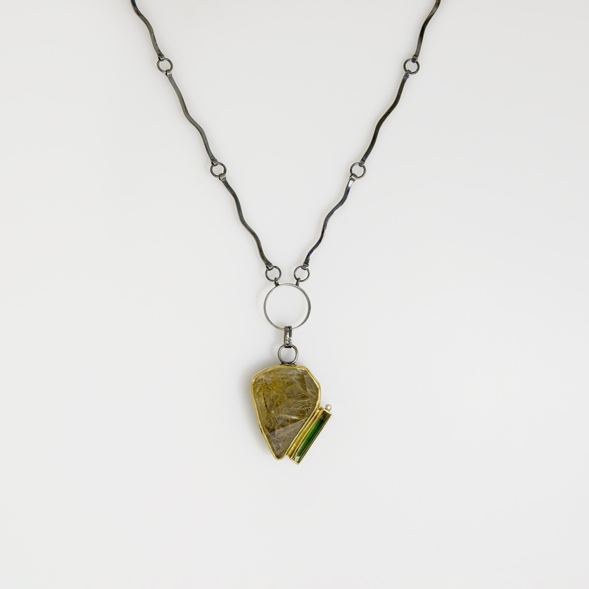 Unique necklace with rutilated quartz, tourmaline and diamond