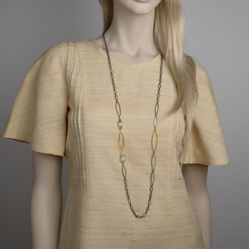 Modern long silver & gold necklace with aquamarine