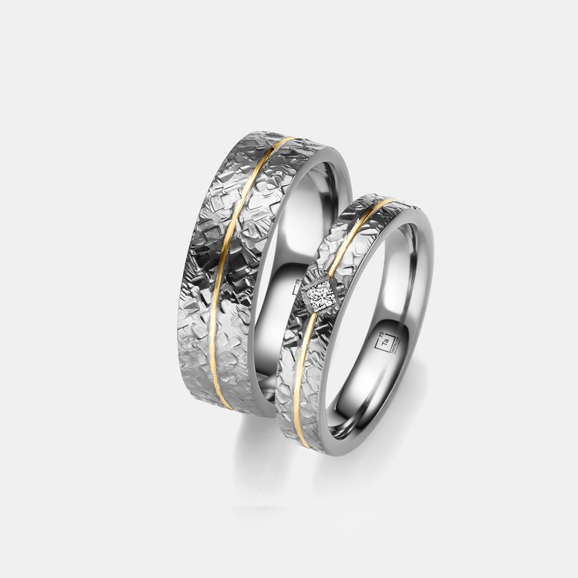 Tantalum Wedding Rings With Gold Detailing & Textured Surface