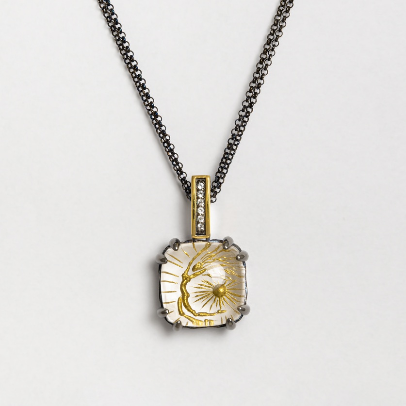 "Sun" silver and gold necklace with engraved quartz and topaz