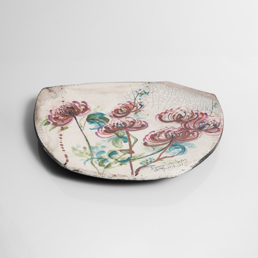 Ceramic decorative platter with pink flowers