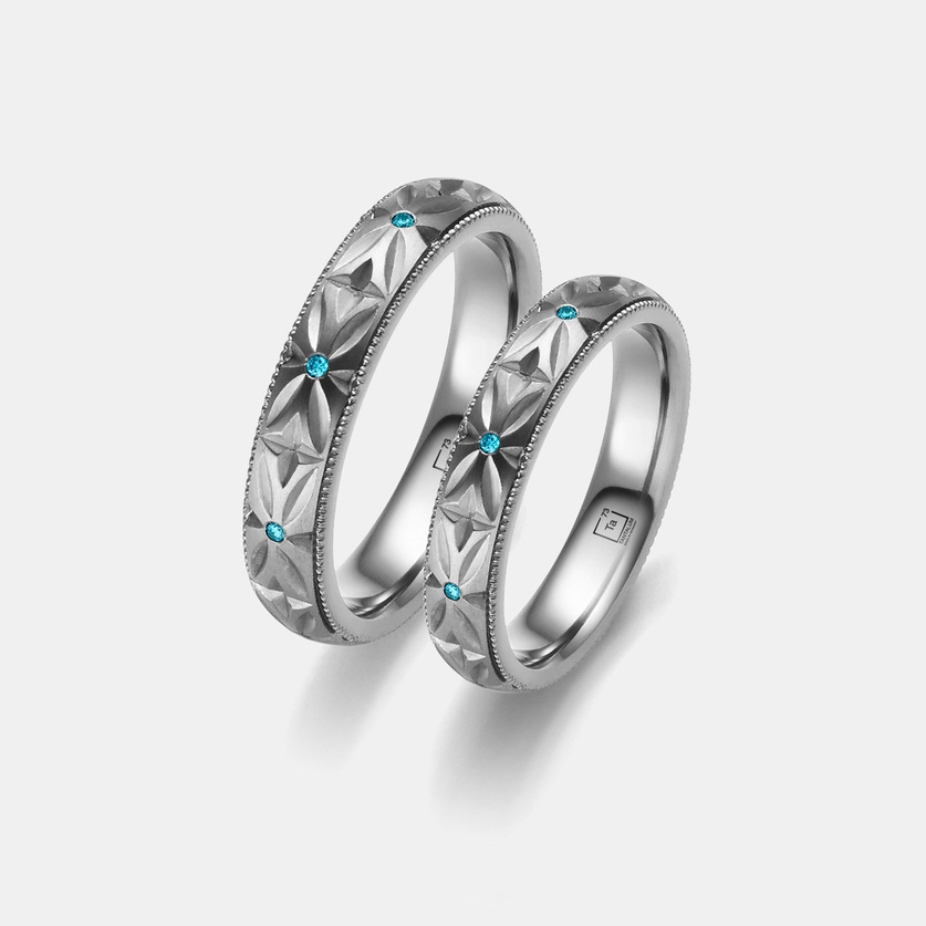 Men's Tantalum Wedding Ring With Geometric Pattern & Blue Diamonds