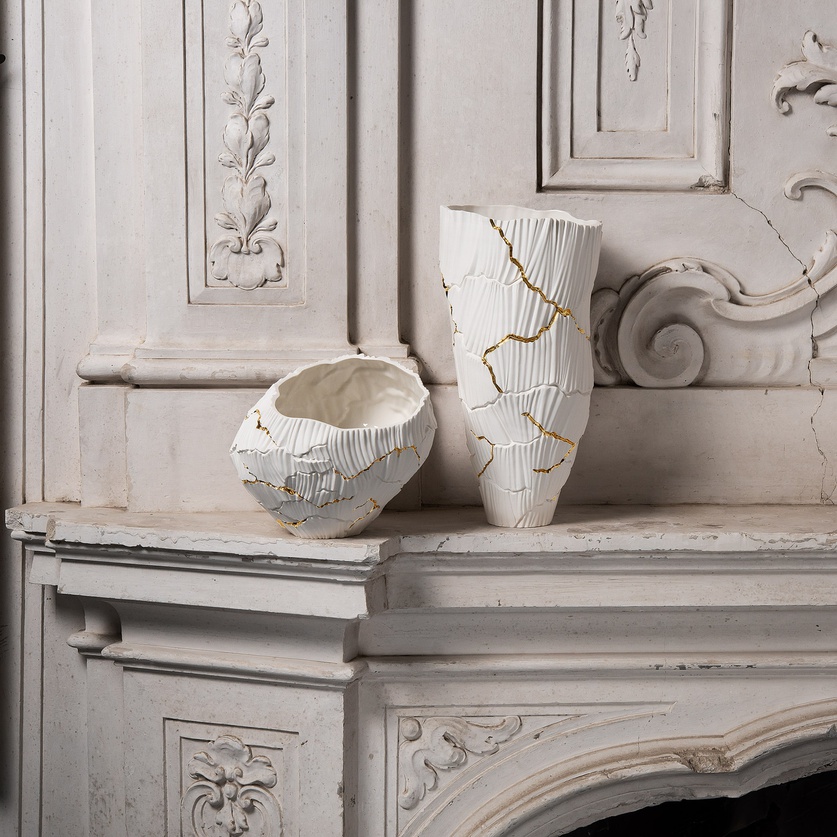 Low porcelain form with gold accents