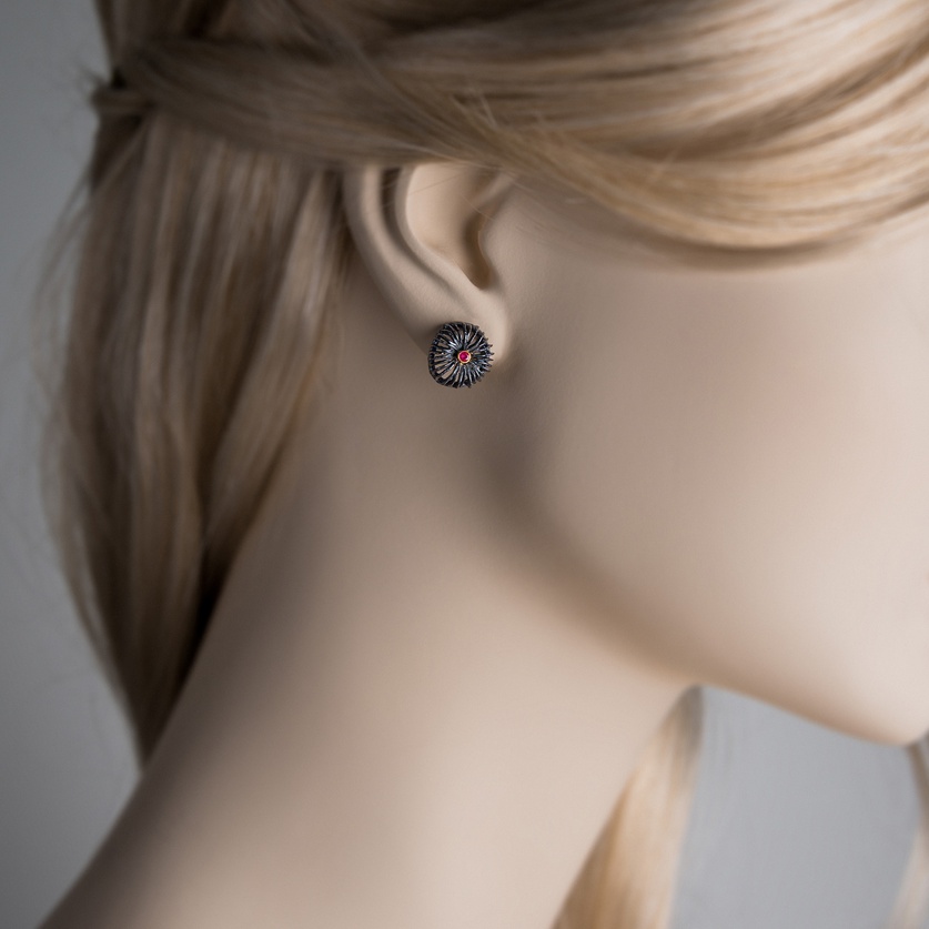 Earrings "Sea Urchins" in silver, gold inlay and rubies