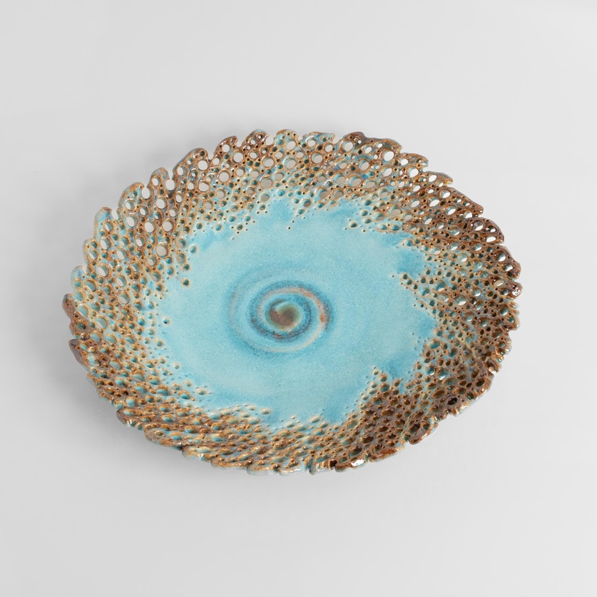 Turquoise perforated ceramic platter