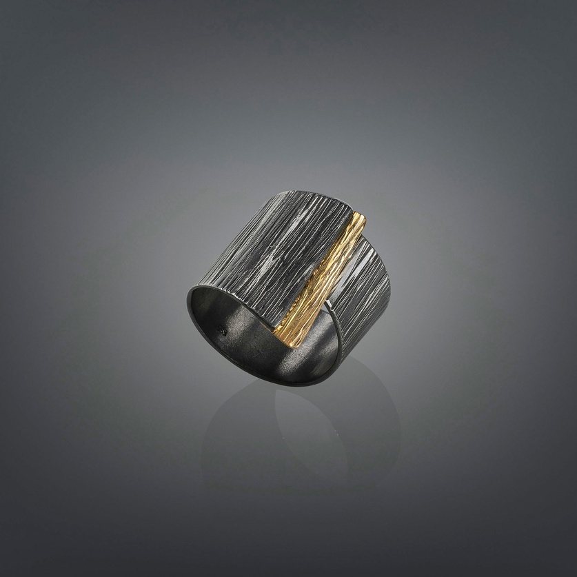 Black silver ring in modern line combined with gold K18