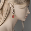 Long earrings in silver and gold with ruby/quartz doublet stones